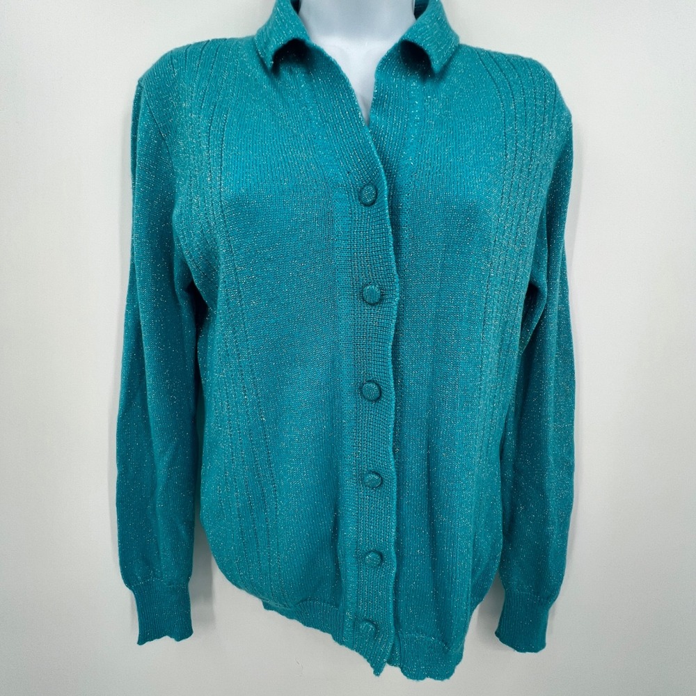 Vintage 70s Turquoise Blue Metallic Sparkle Cardigan Size S/M Glitter Retro‎